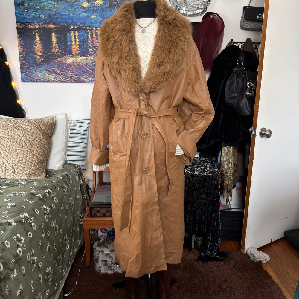Terry Lewis Classic Luxuries Leather Trench Coat with Faux Fur Collar